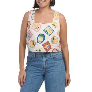 RACHEL ZOE Off White/Yellow Linen Blend Sleeveless Pull Over Printed Top
